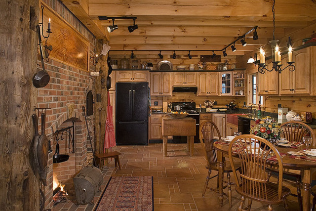 Interior, horizontal, kitchen, Hofmann residence, Pike, New Hampshire, Coventry Log Homes