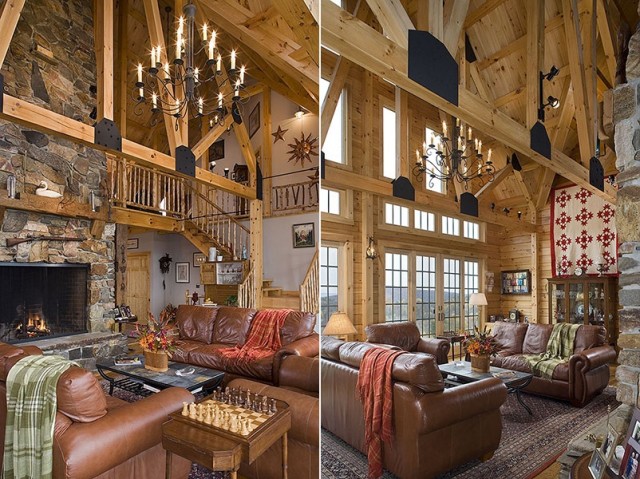 Interior, vertical, living room toward fireplace, stairway and loft, Hofmann residence, Pike, New Hampshire, Coventry Log Homes