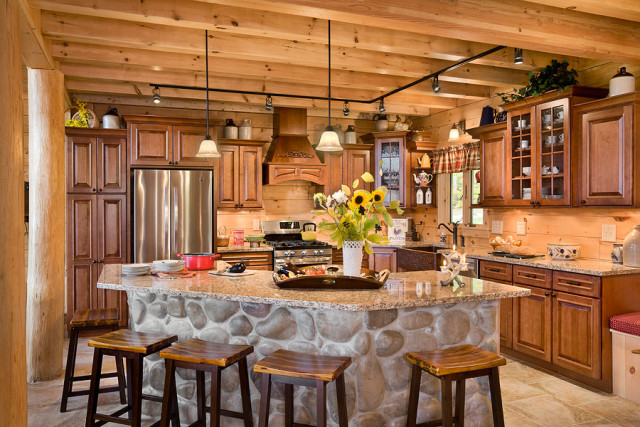 Interior, horizontal, kitchen, Rosenfeld residence, Franconia, New Hampshire; Coventry Log Homes