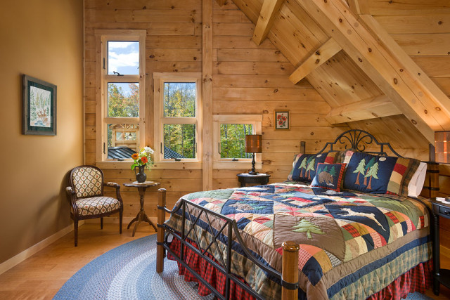 Interior, horizontal, upper level guest bedroom, Rosenfeld residence, Franconia, New Hampshire; Coventry Log Homes