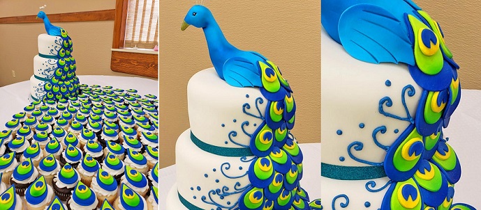 A small cutting cake and a few of the peacock feather cupcakes from a  friend's (fondant free) wedding cake : r/Baking
