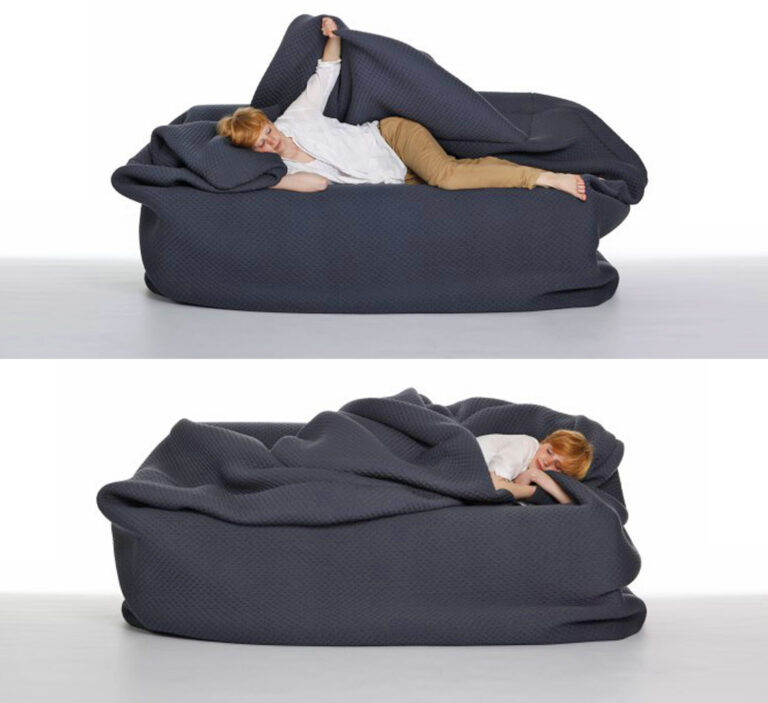 A Bean Bag Bed With Built In Blanket And Pillow 0 768x703 