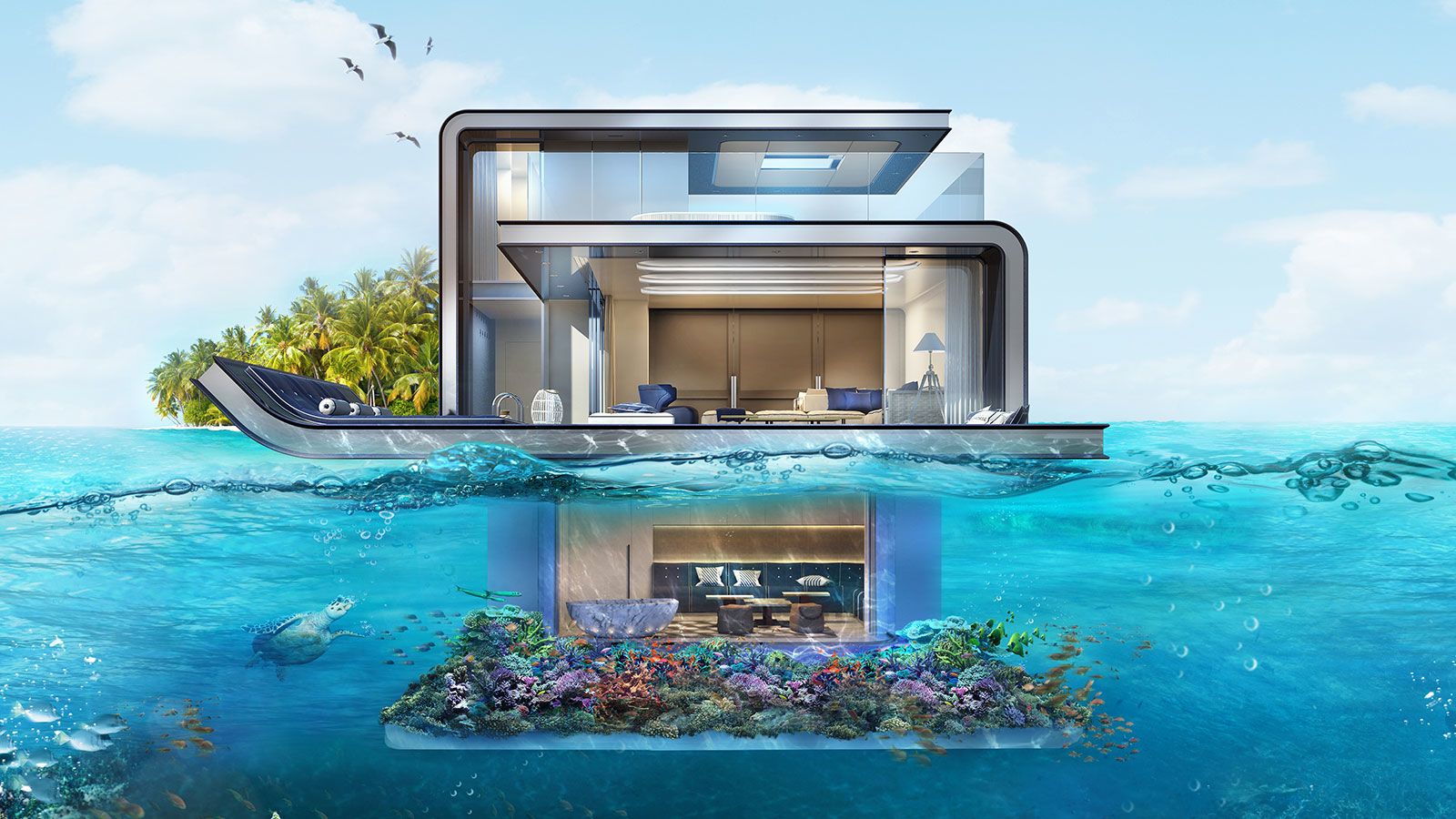 Дом на глубине 2022. Плавучая вилла Seahorse. Гидрополис в Дубае. The Floating Seahorse (Дубай, ОАЭ). Подводный дом.